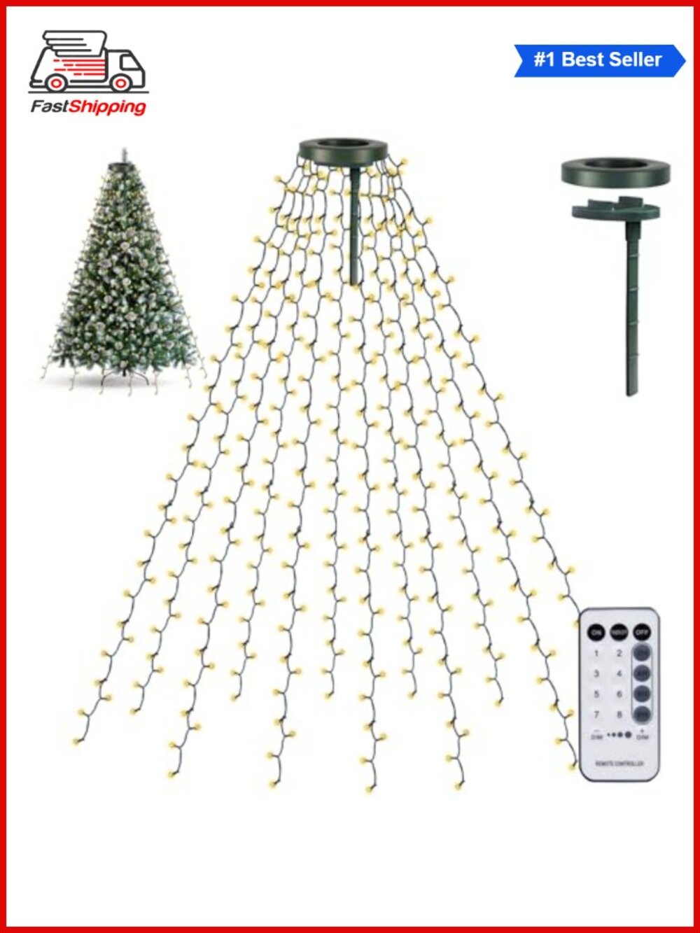 🎅 448 LED Christmas Waterfall Tree Topper Lights 8 Modes Remote 8.2ft
